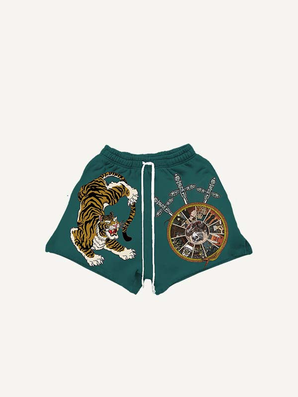 Tiger&Snake&Skull&Graphic Print Drawstring Waist Shorts