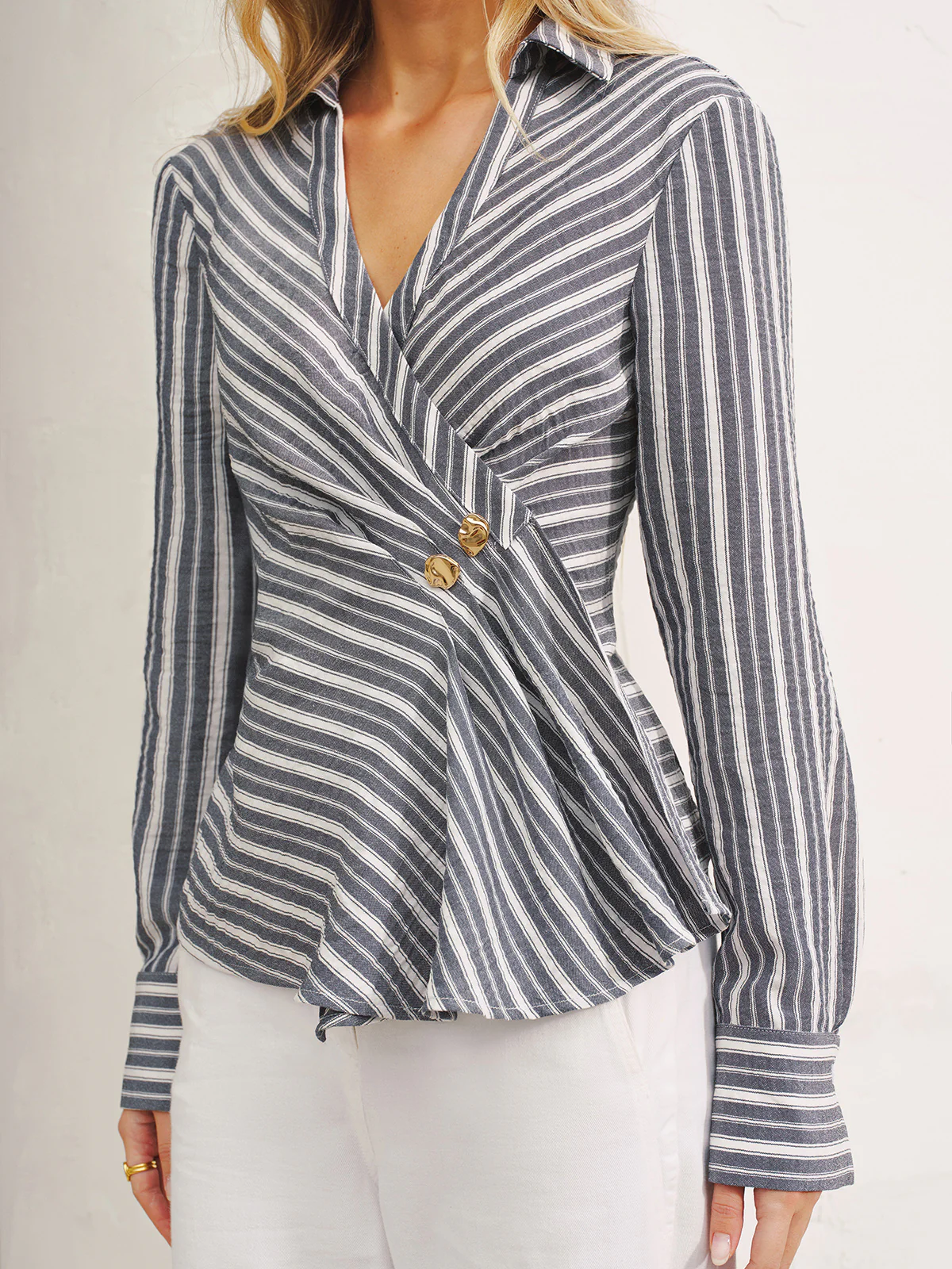 Striped Wrap V-Neck Shirt
