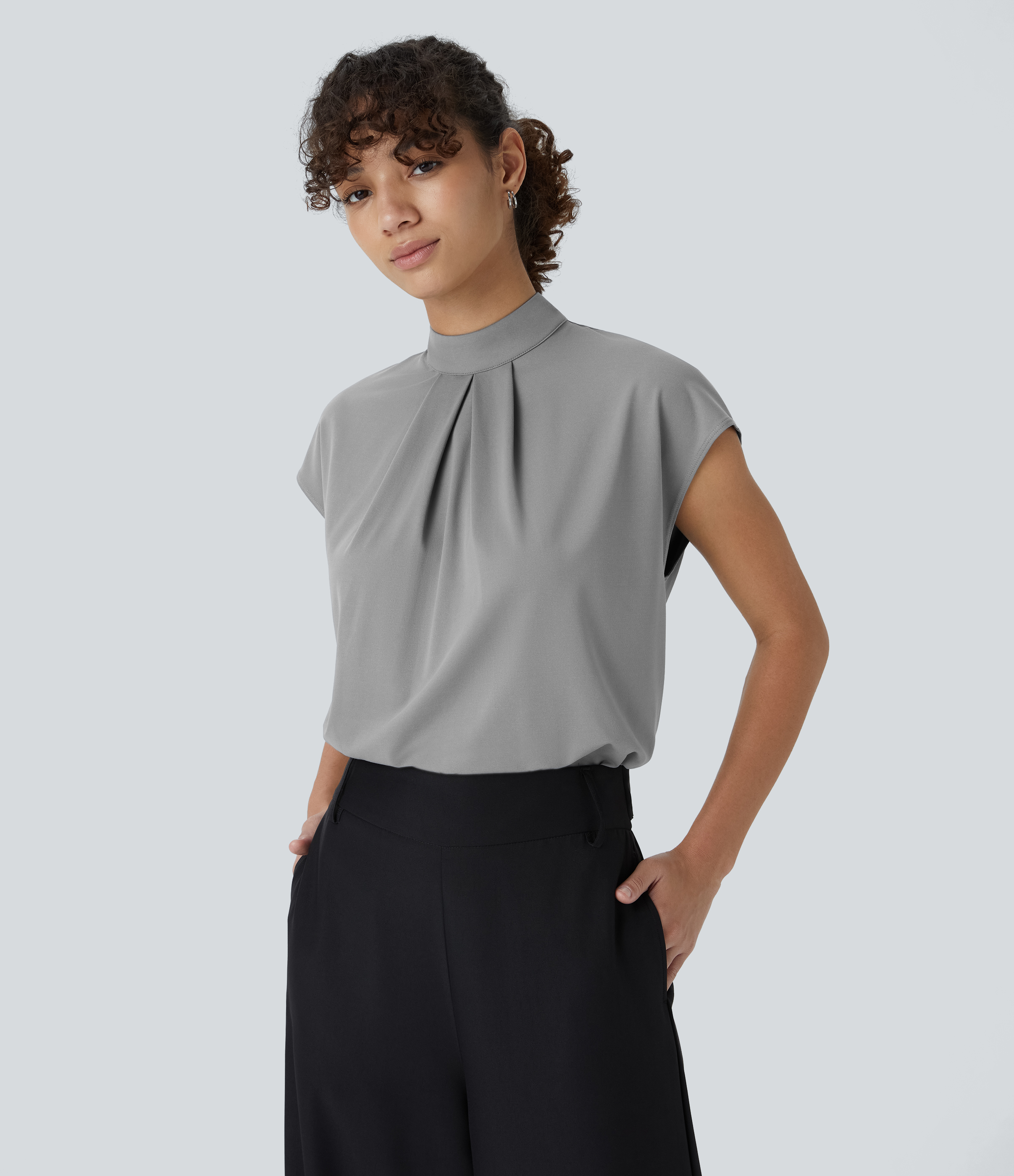 Stand Collar Back Cap Sleeve Work Blouse