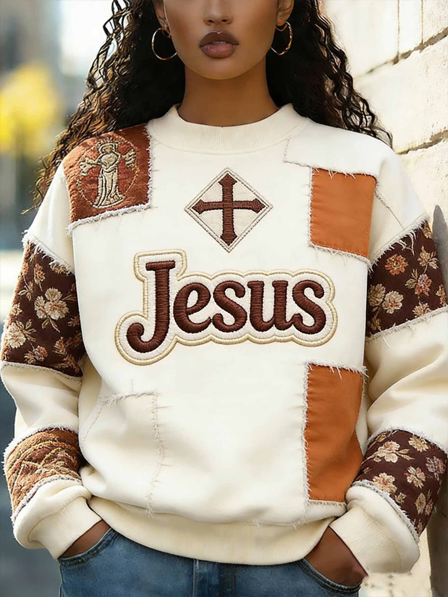 Women's Jesus Faith Cross Geometric Color Block Print Casual Sweatshirt-Fast Shipping