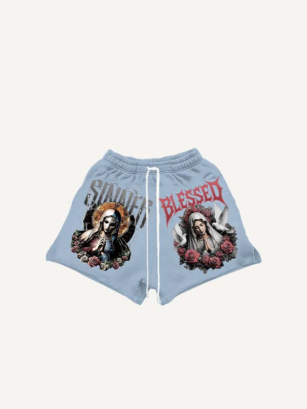 Mary&Pray&Floral&Letter Print Drawstring Waist Shorts