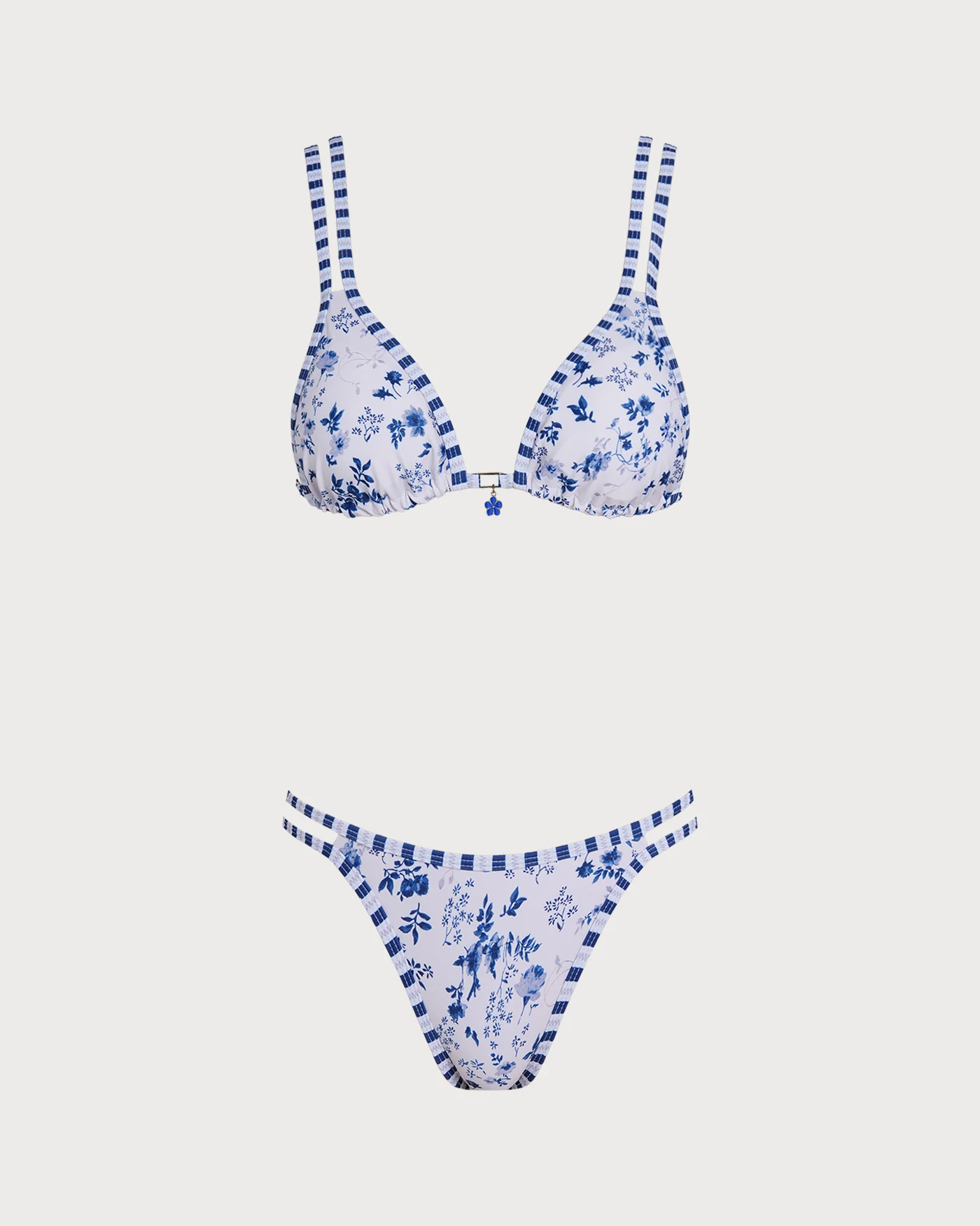 White Floral Drawstring Triangle Bikini Set