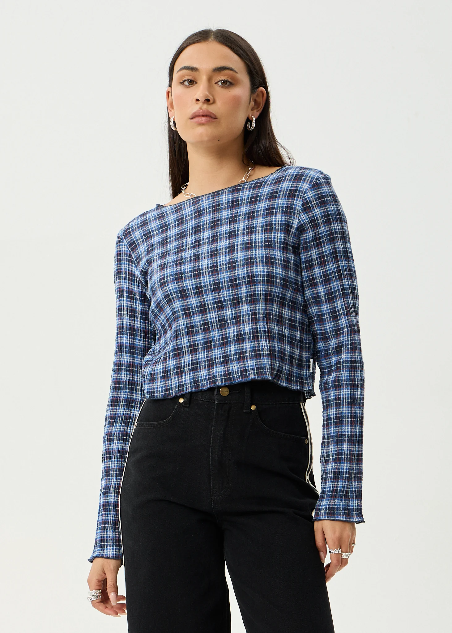 AFENDS Womens Mountains - Seersucker Long Sleeve Top - Navy Red Check