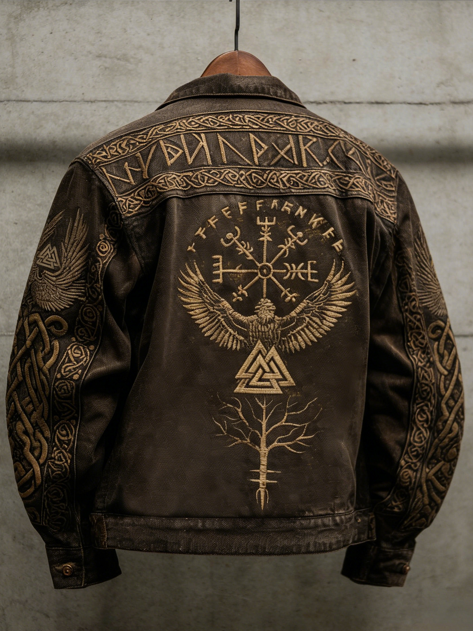 Men's Vintage Viking Valknut Life Of Tree With Birds Art Washed Denim Jacket
