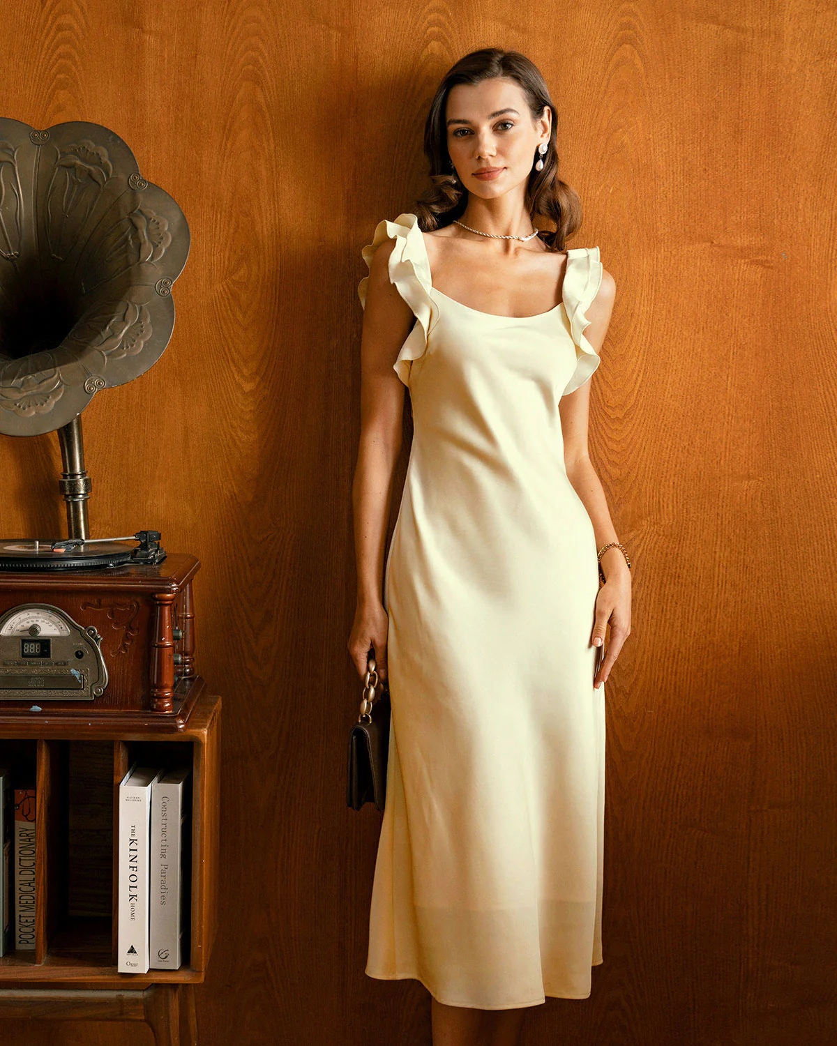 Yellow Square Neck Ruffle Satin Midi Dress