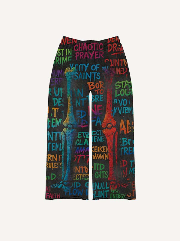 Skeleton&Letter Print Elastic Waist Pants