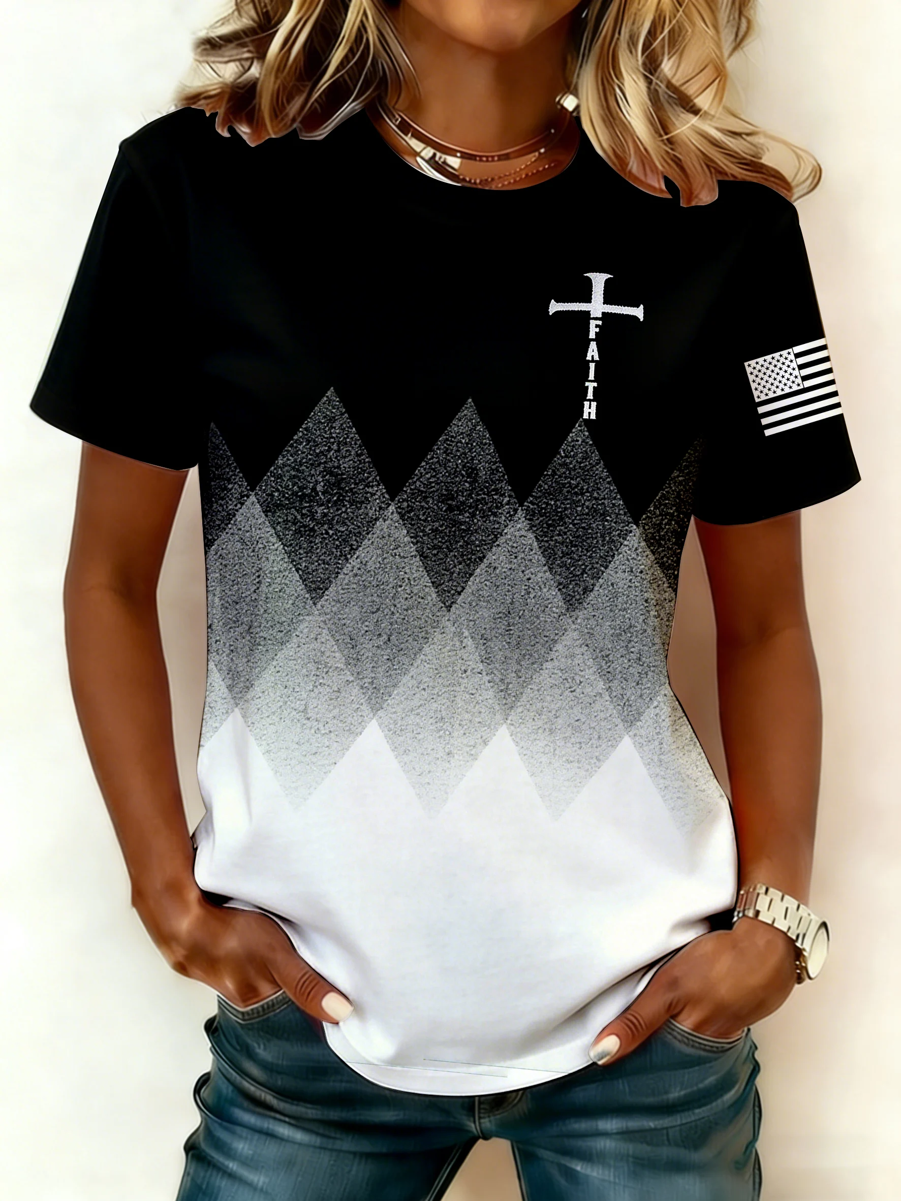 Women's Faith Print Round Neck Short-Sleeved T-Shirt-Fast Shipping