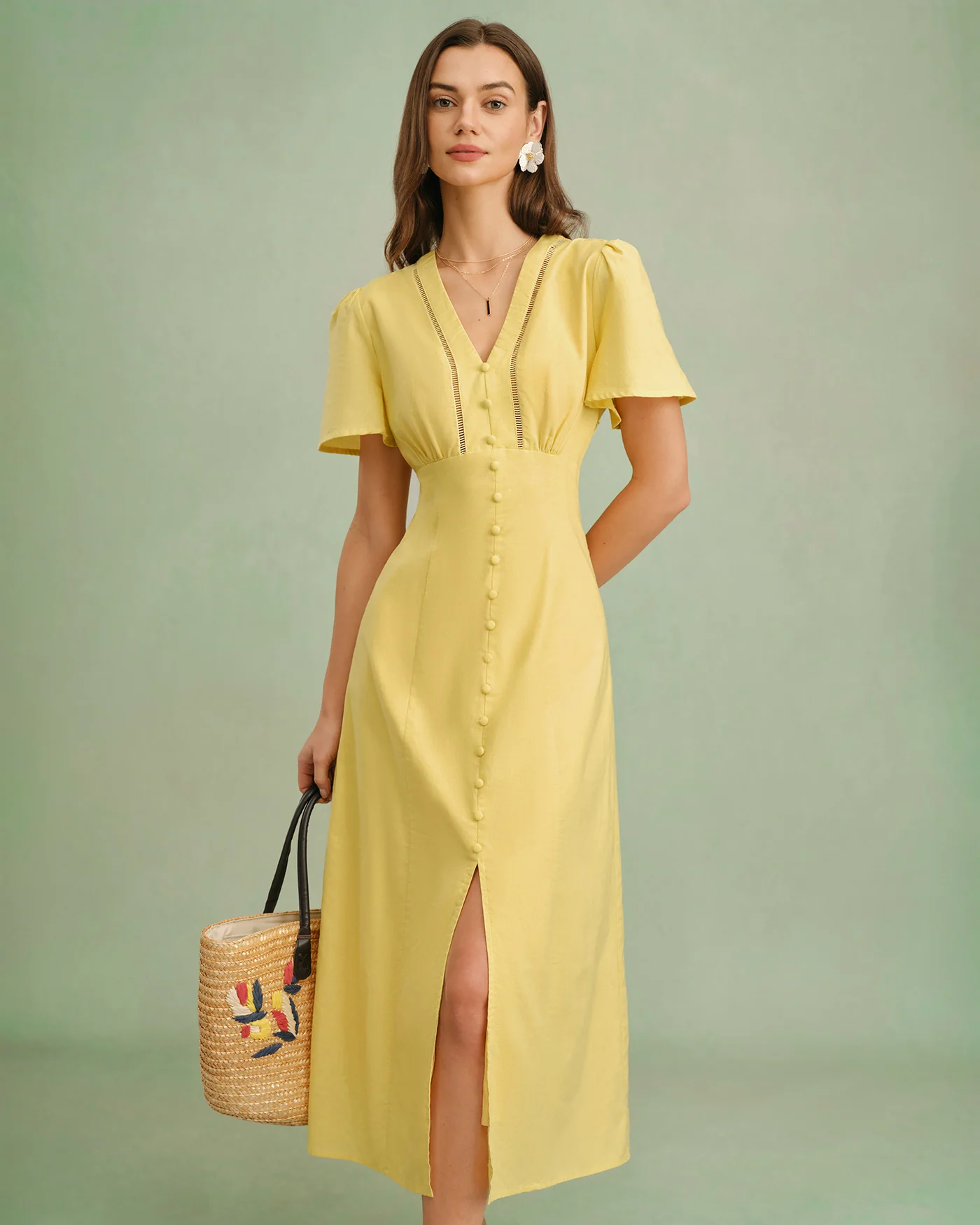 Yellow V Neck Button Midi Dress