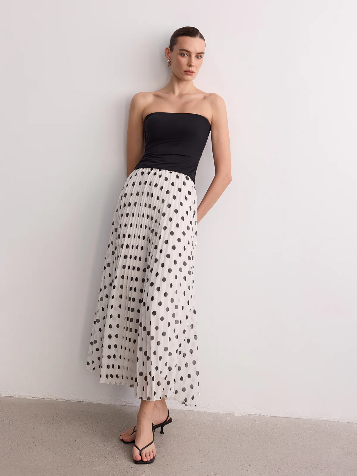 Pleated Polka Dot Maxi Skirt