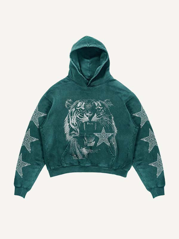 Tiger&Star&Letter Faux Rhinestones Print Slant Pockets Hoodie