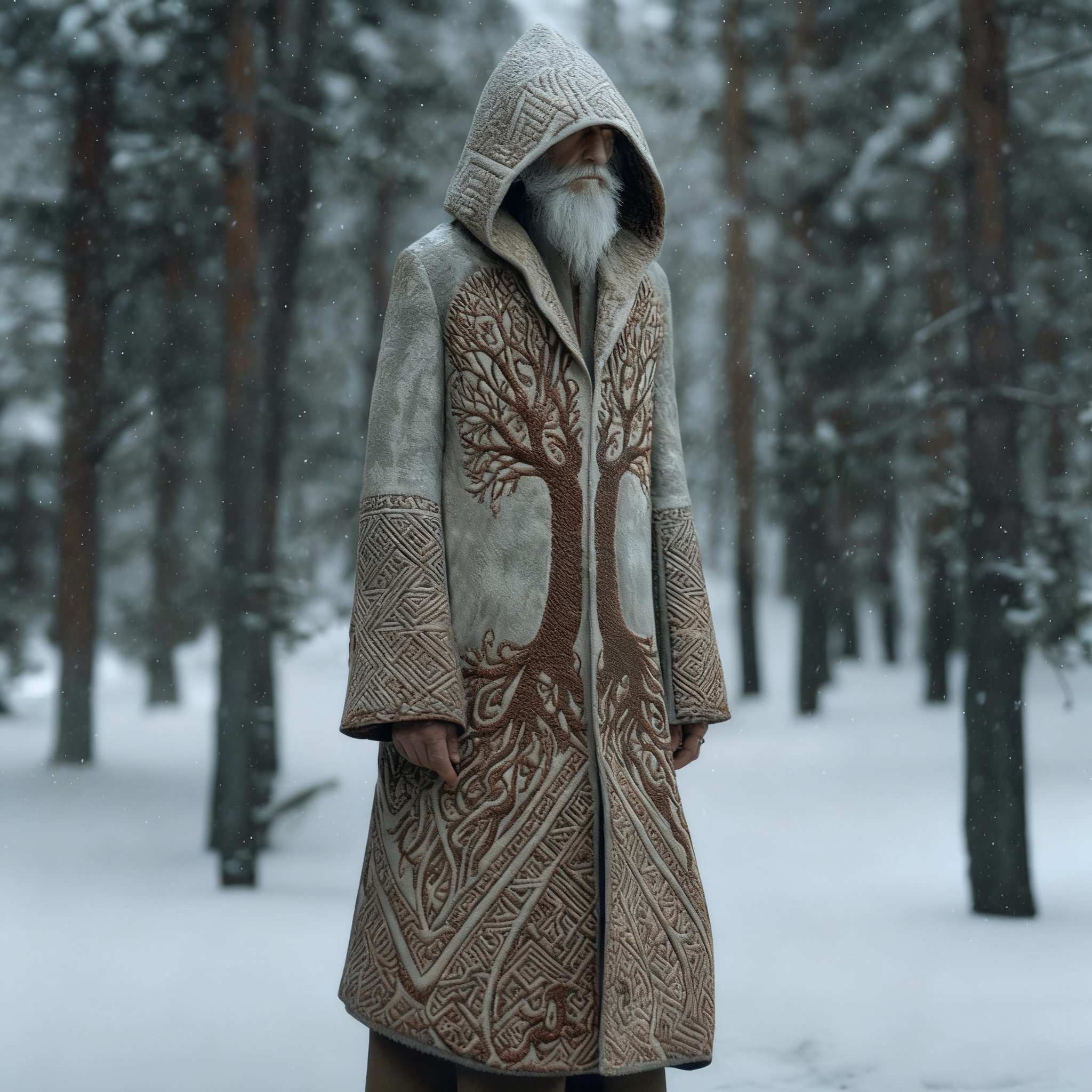 Men's Viking Celtic Knot With Tree Of Life Pattern Hooded Kaftan Cloak Jacket