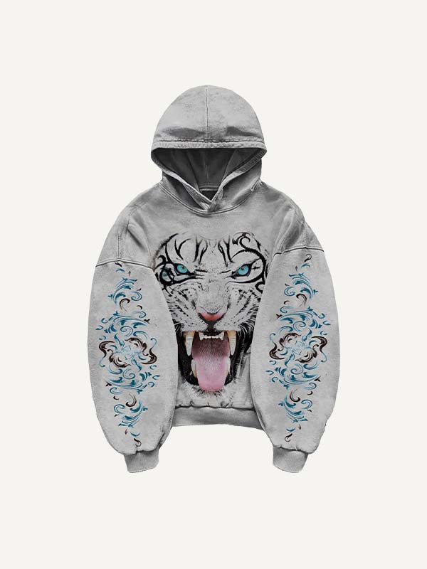 Tiger&Graphic Print Slant Pockets Hoodie
