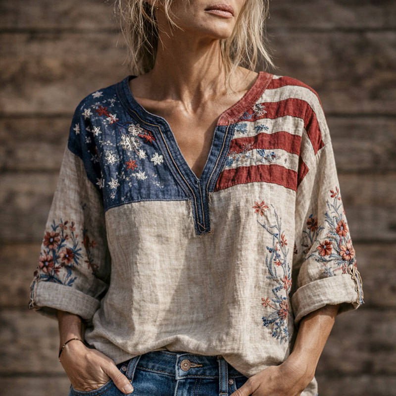 Women's America Flag Floral Print Casual V-Neck 3/4 Sleeve