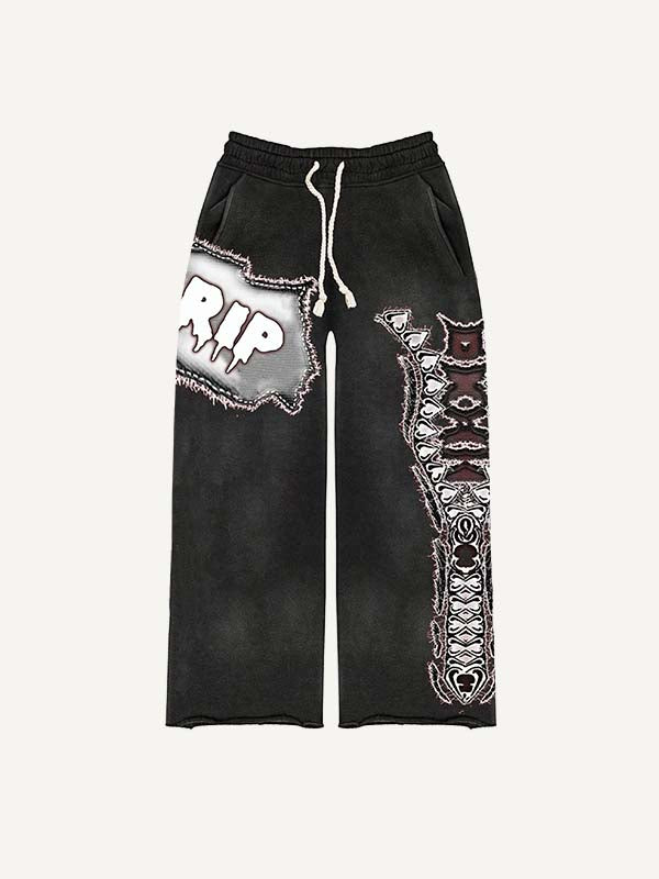 Skeleton&Wing&Graphic Faux Decal Print Elastic Waist Pants