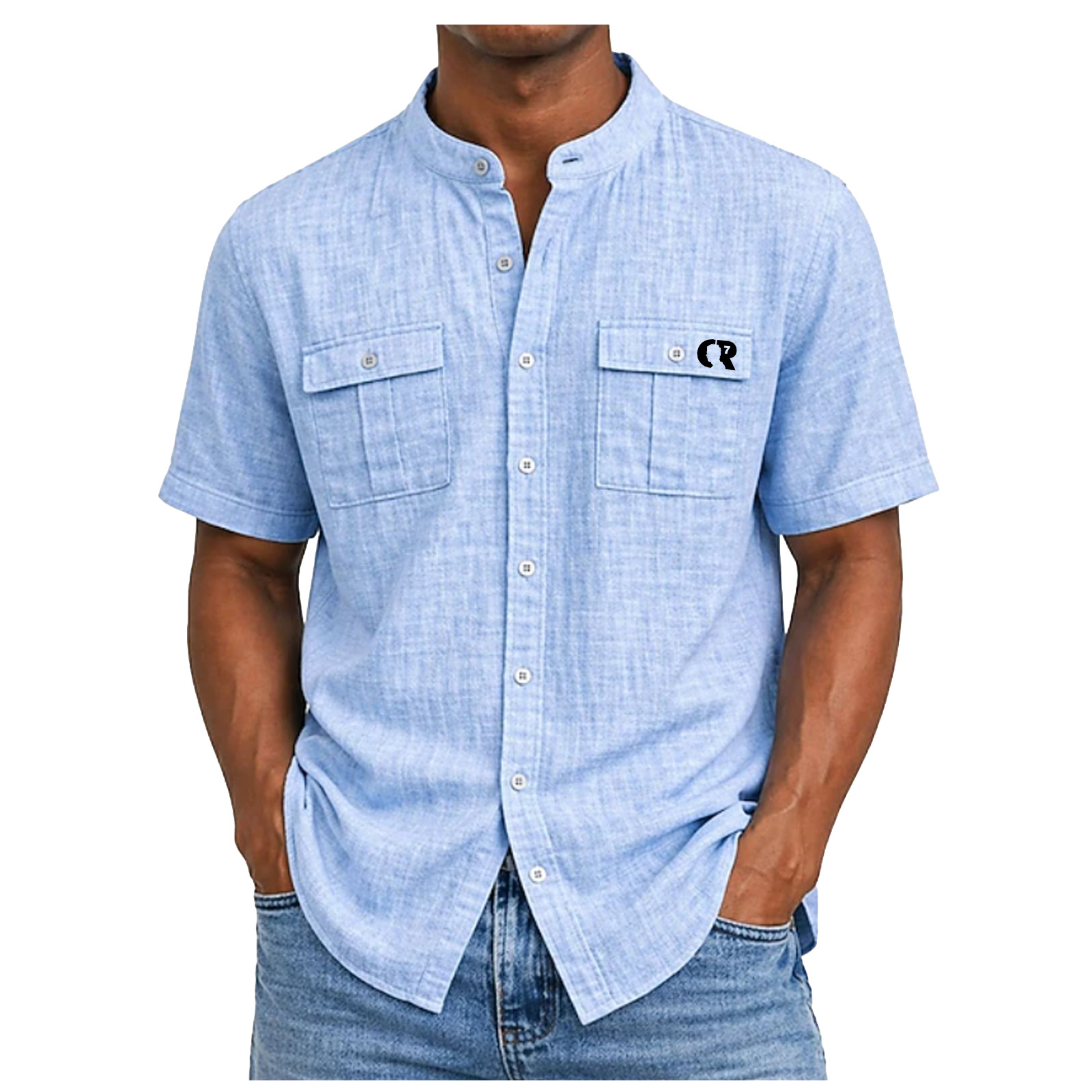 Men's Shirt Linen Shirt Summer Shirt Beach Wear Band Collar Shirt Button Up Shirt Solid Color Casual Vacation Blue Black Navy Blue Green Short Sleeve Stand Collar Summer Spring Clothing Apparel Front
