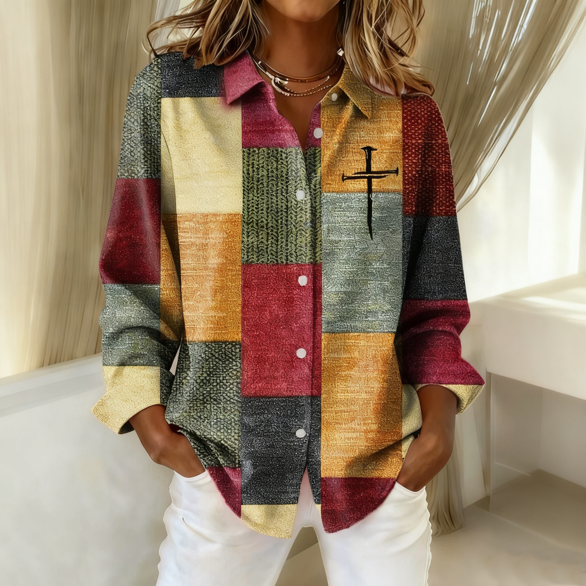 Women's Casual Autumn And Winter Retro Color Block Contrast Faith Shirt