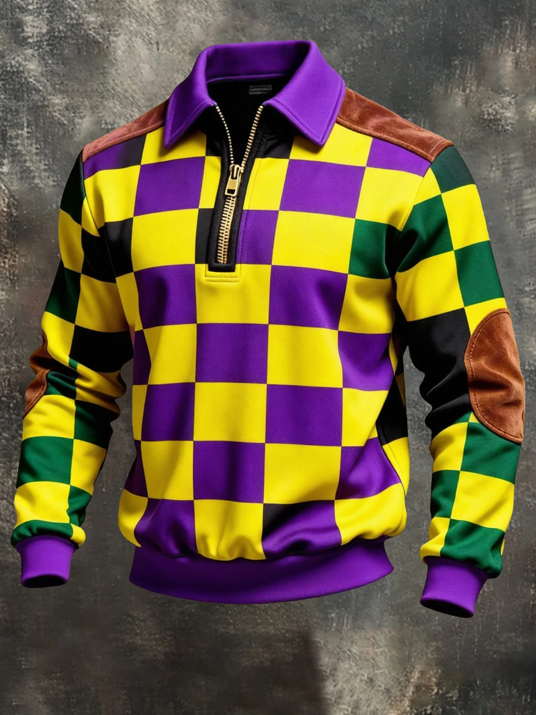 Men's Retro Color Block Print Color-Blocked Zip-Up Sweatshirt