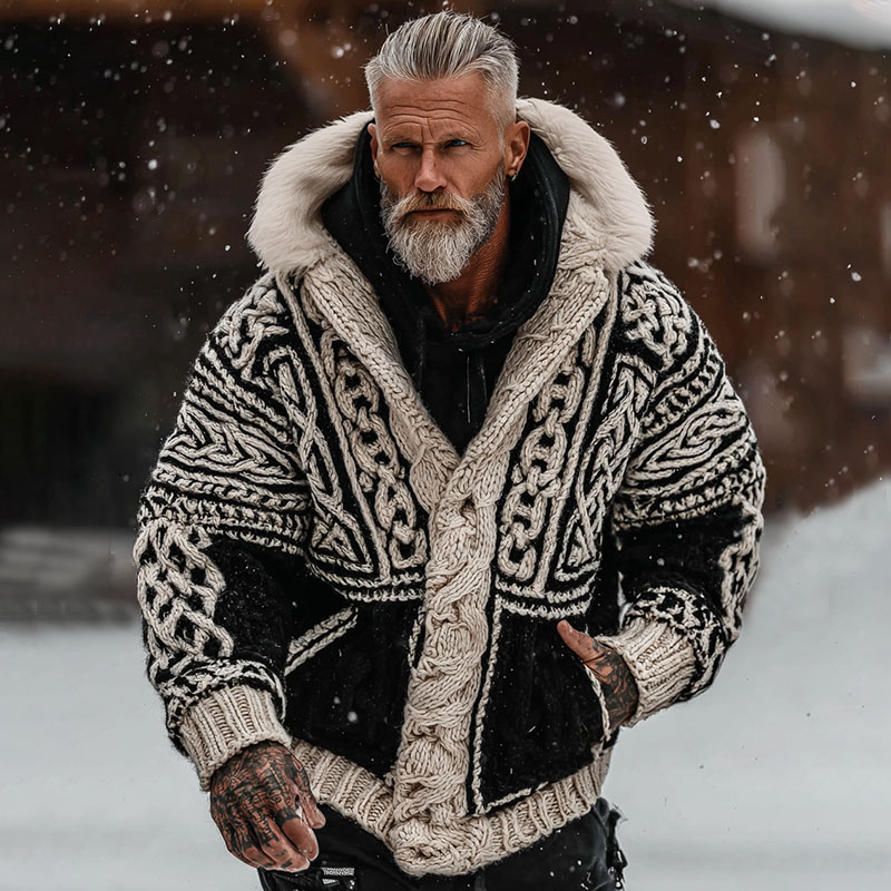 Men's Viking Celtic Knot Art Cozy Fur Collar Knit Hooded Sweater Jacket