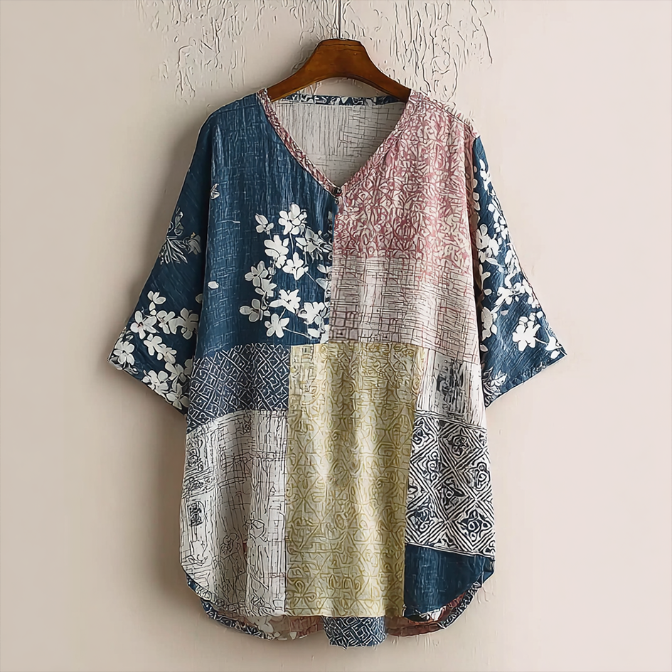 Japanese Art Retro Geometric Patchwork Plant Flower Print Women's V-neck Cotton And Linen Top