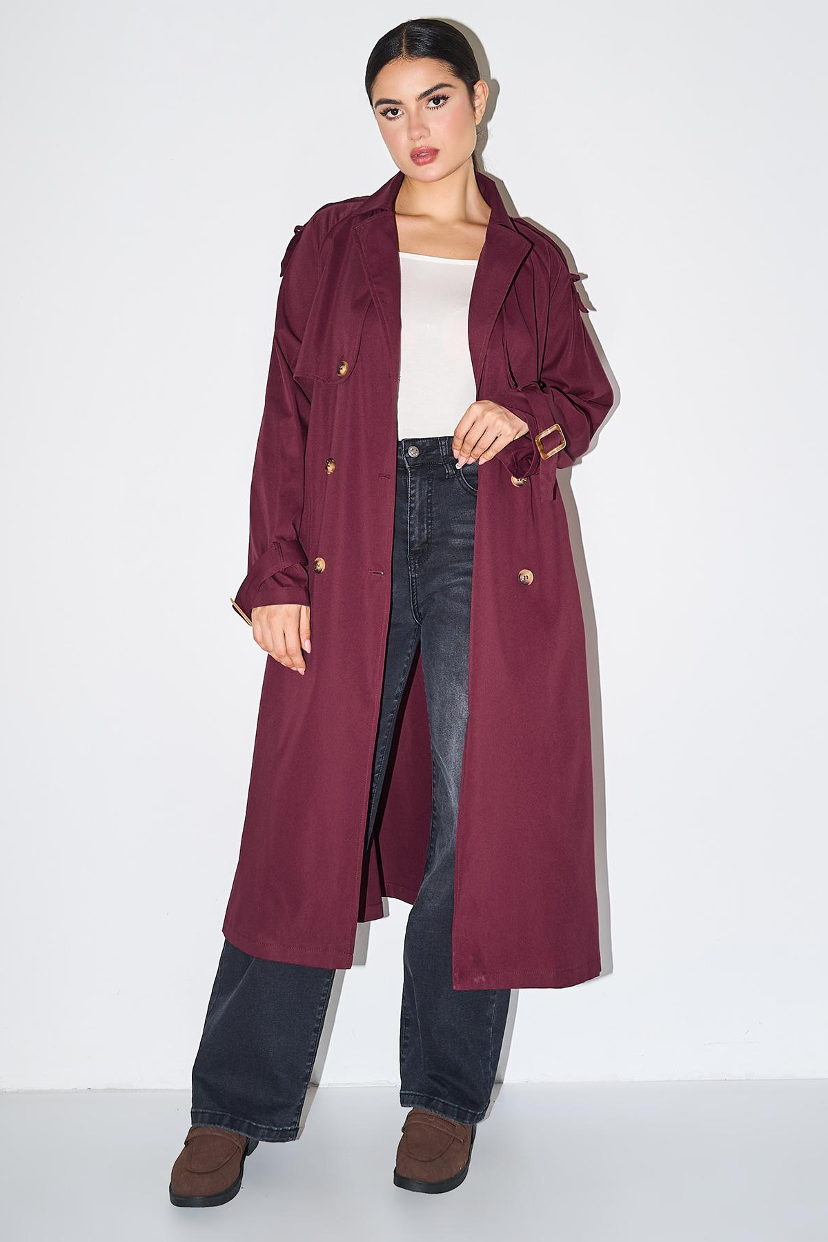 Classy Notch Lapel Double Breasted Belt Decor Trench Coat