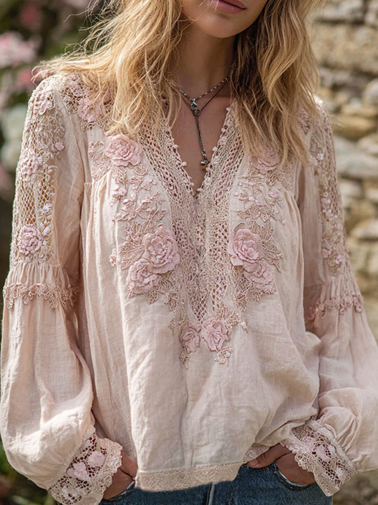 Women's Retro Rose With Lace Embroidery Art V-neck Shirt