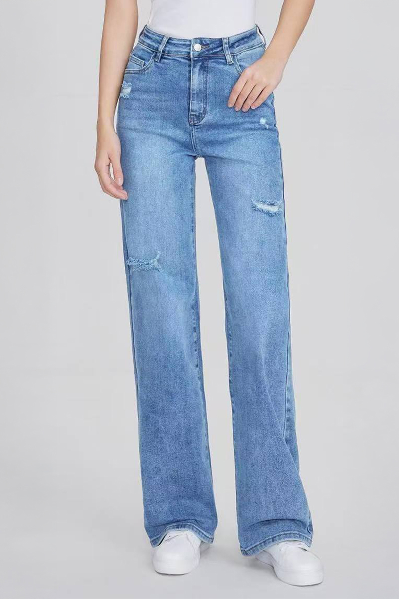 Street High Waist Multi-Pocket Ripped Wide Leg Jeans