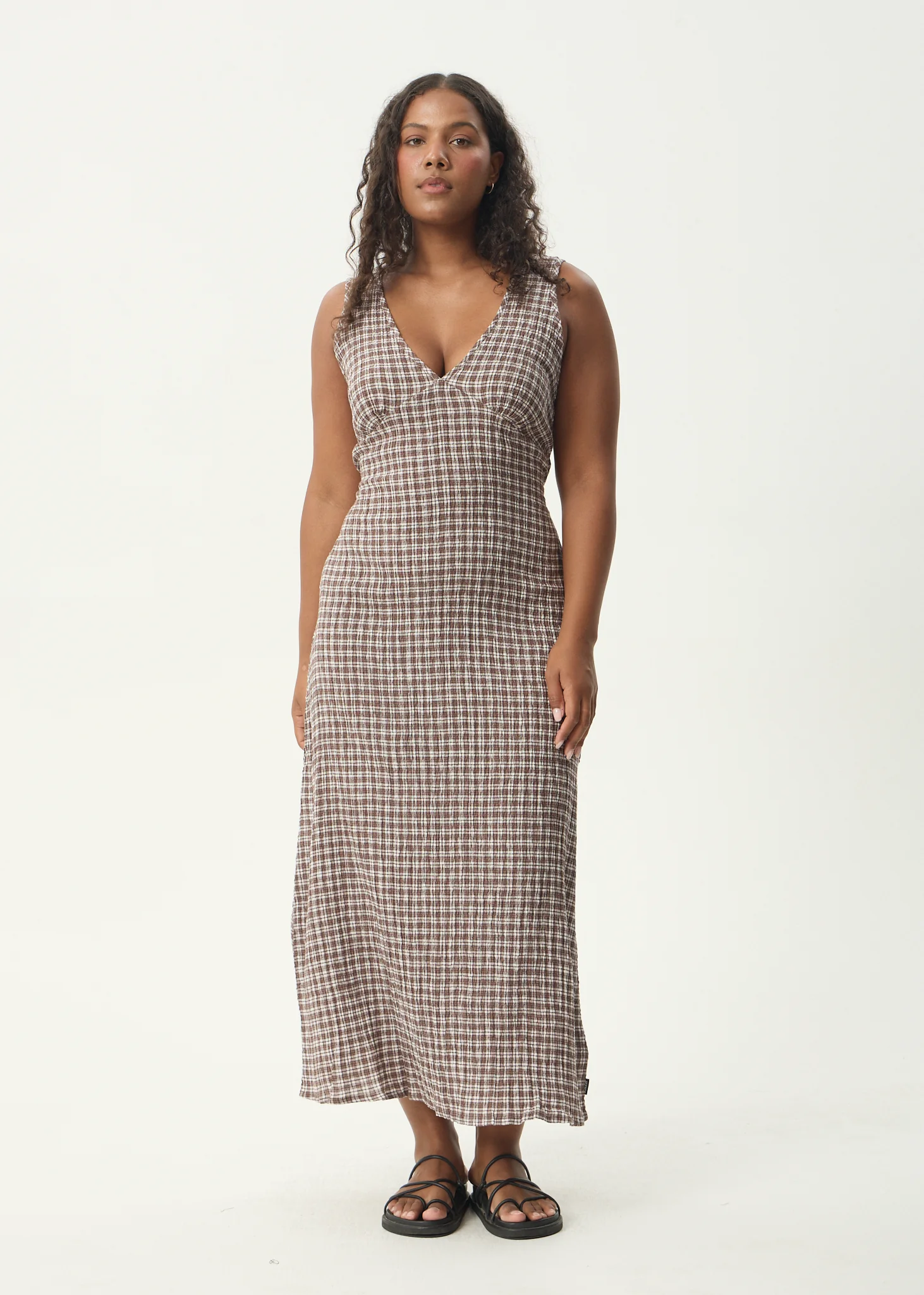 AFENDS Womens Base Tully - Seersucker Maxi Dress - Coffee Check