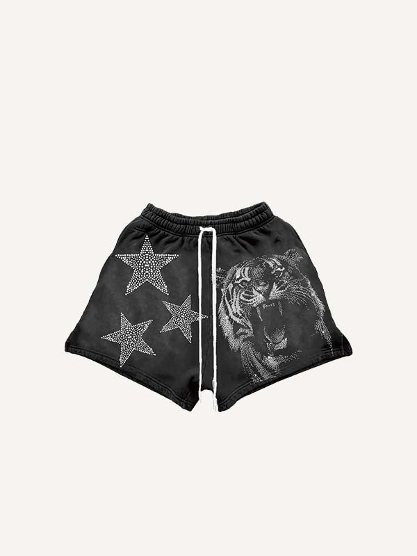 Tiger&Star&Letter Faux Rhinestones Print Drawstring Waist Shorts