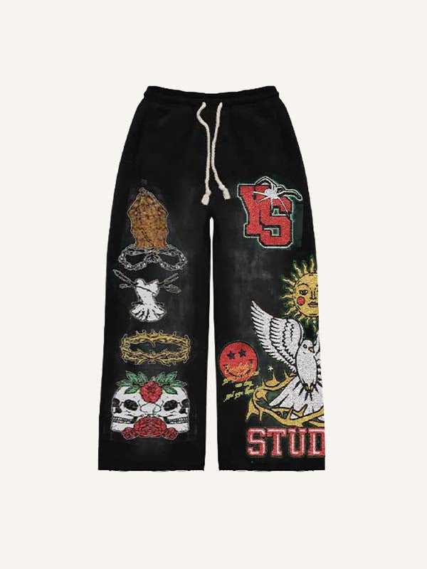 Sun&Animal&Pray&Skull Faux Decal Print Elastic Waist Pants