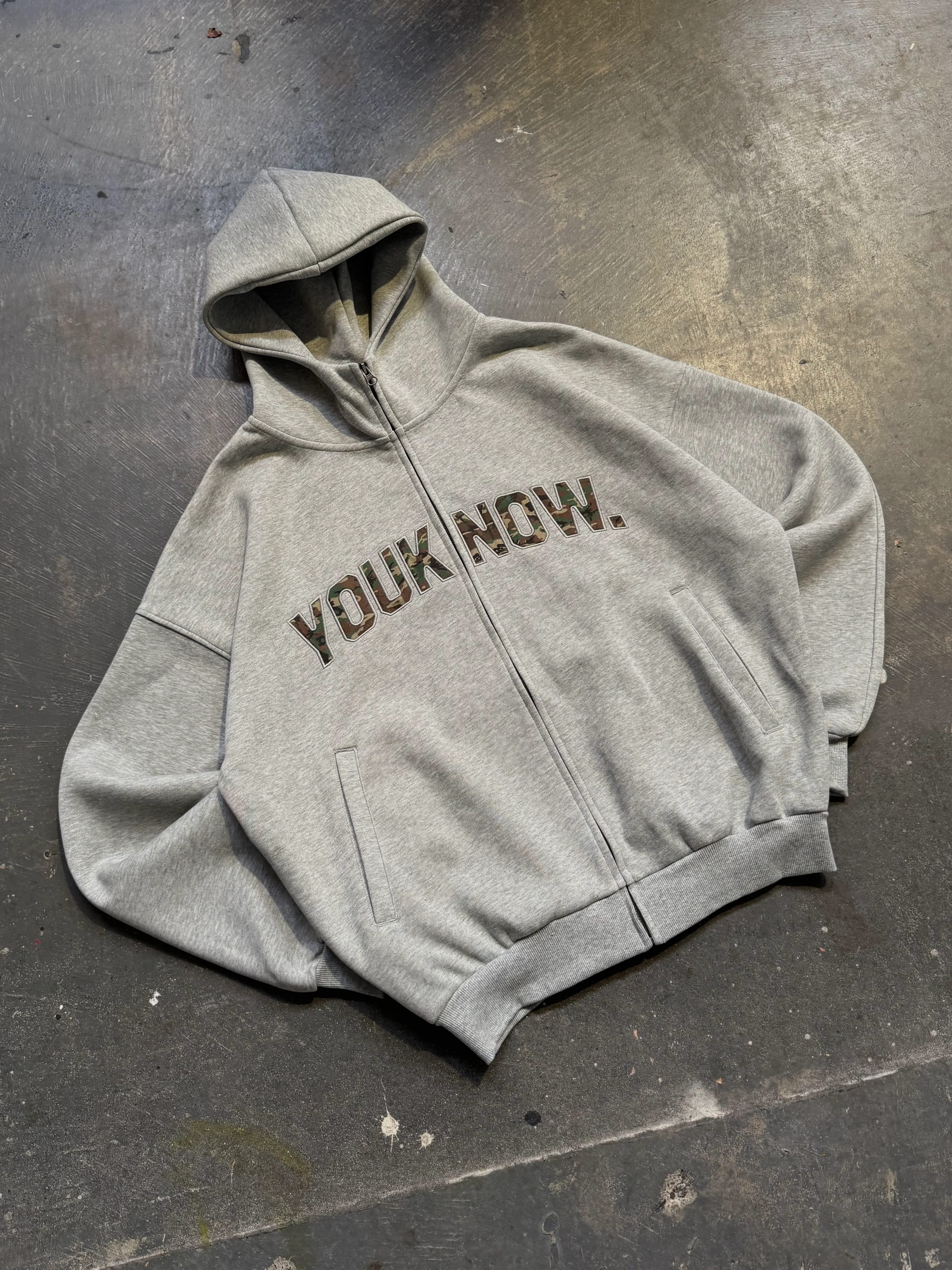 Offset Zip Up Hoodie | Grey/Camo