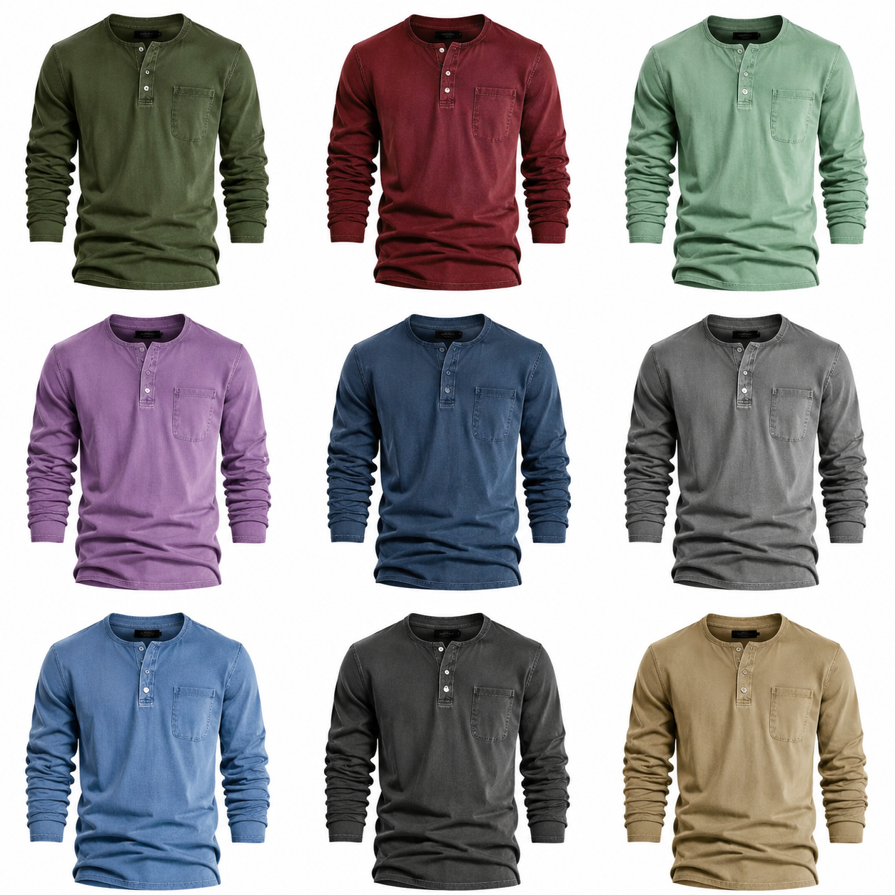 Men's Vintage Distressed Pocket Long Sleeve Henley Shirt