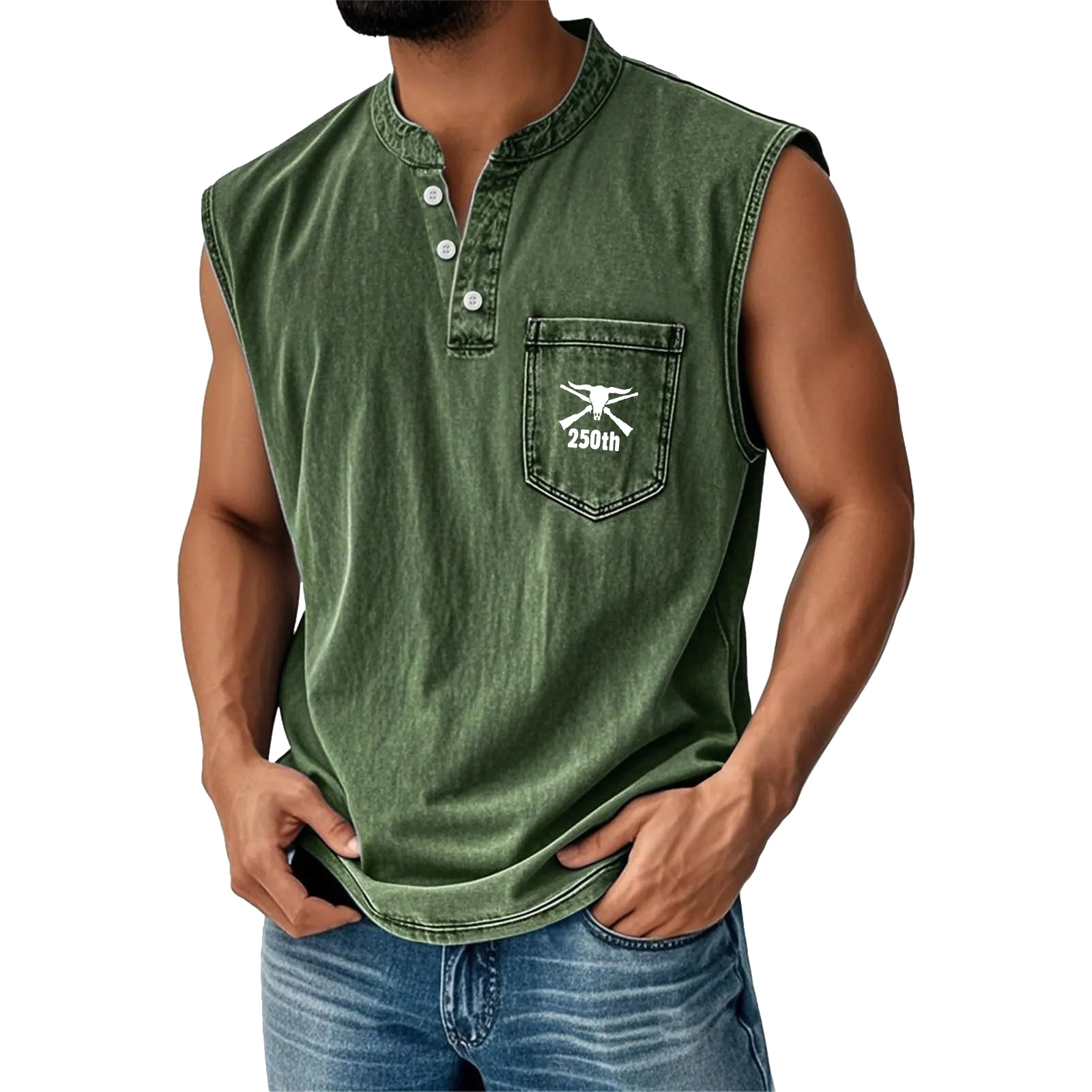 Men's Washed Cotton Sleeveless Henley Vest