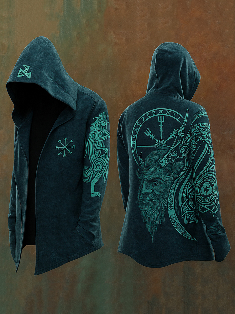 Men's Viking Mythology Wolf Fenrir Odin Totem Hooded Jacket