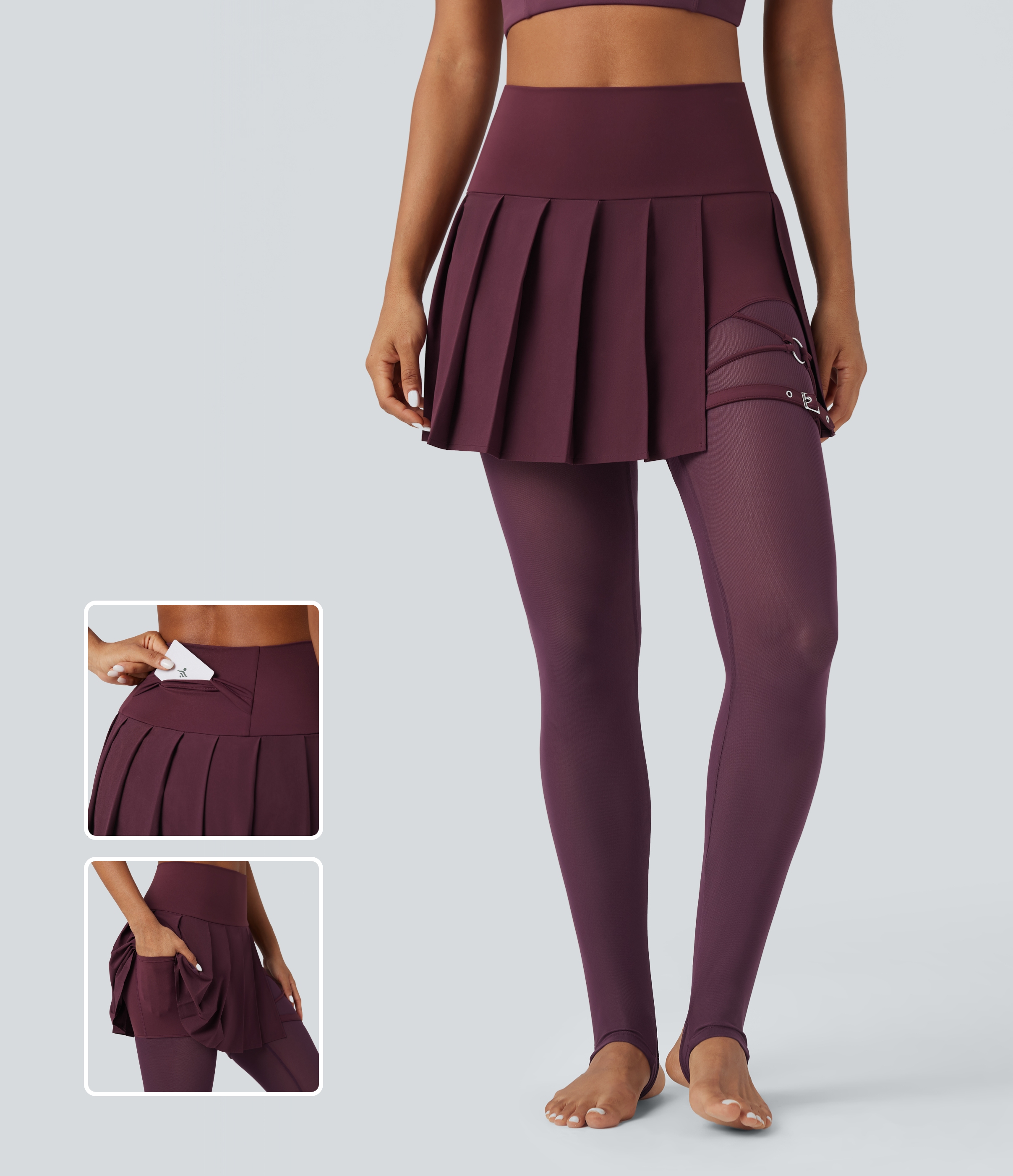 Breezeful™ High Waisted Pleated 2-in-1 Contrast Mesh Quick Dry Dance Stirrup Skirted Leggings with Pockets