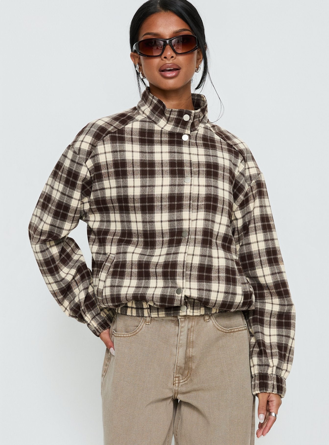 Khodana Funnel Neck Button Down Jacket Brown Check