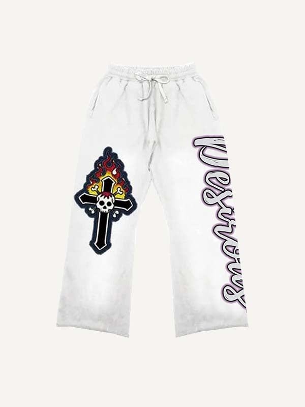 Cross&Skull&Fire&Uncomfortable Face&Letter Print Elastic Waist Pants