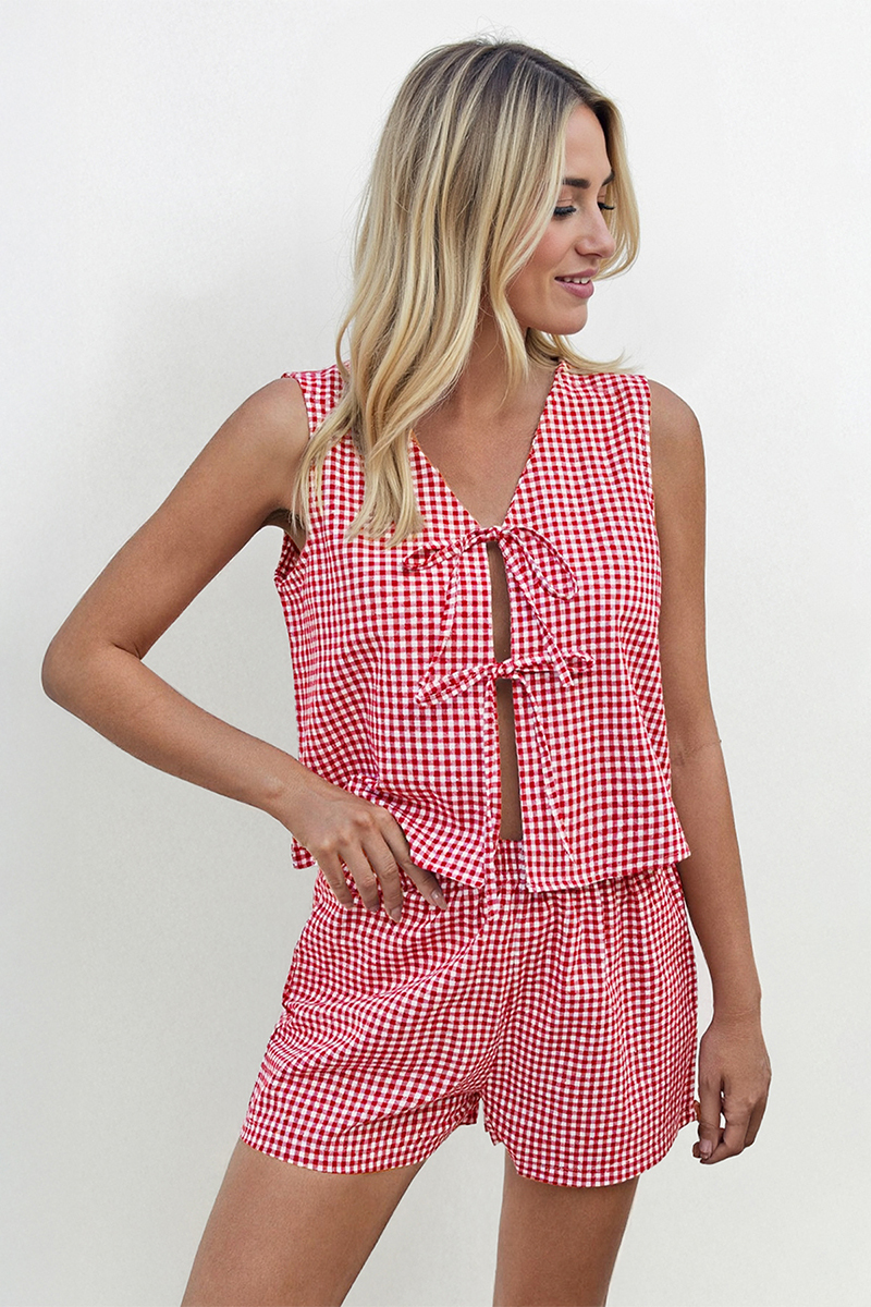 Minimalist Plaid Front Tie Loose Tank Top & Wide Leg Shorts Co-ord
