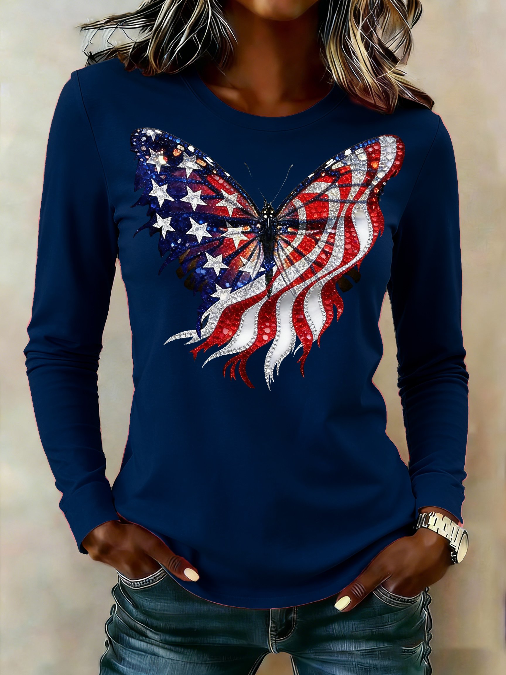 Women's casual retro patriotic red, yellow, and blue butterfly long-sleeved T-shirt