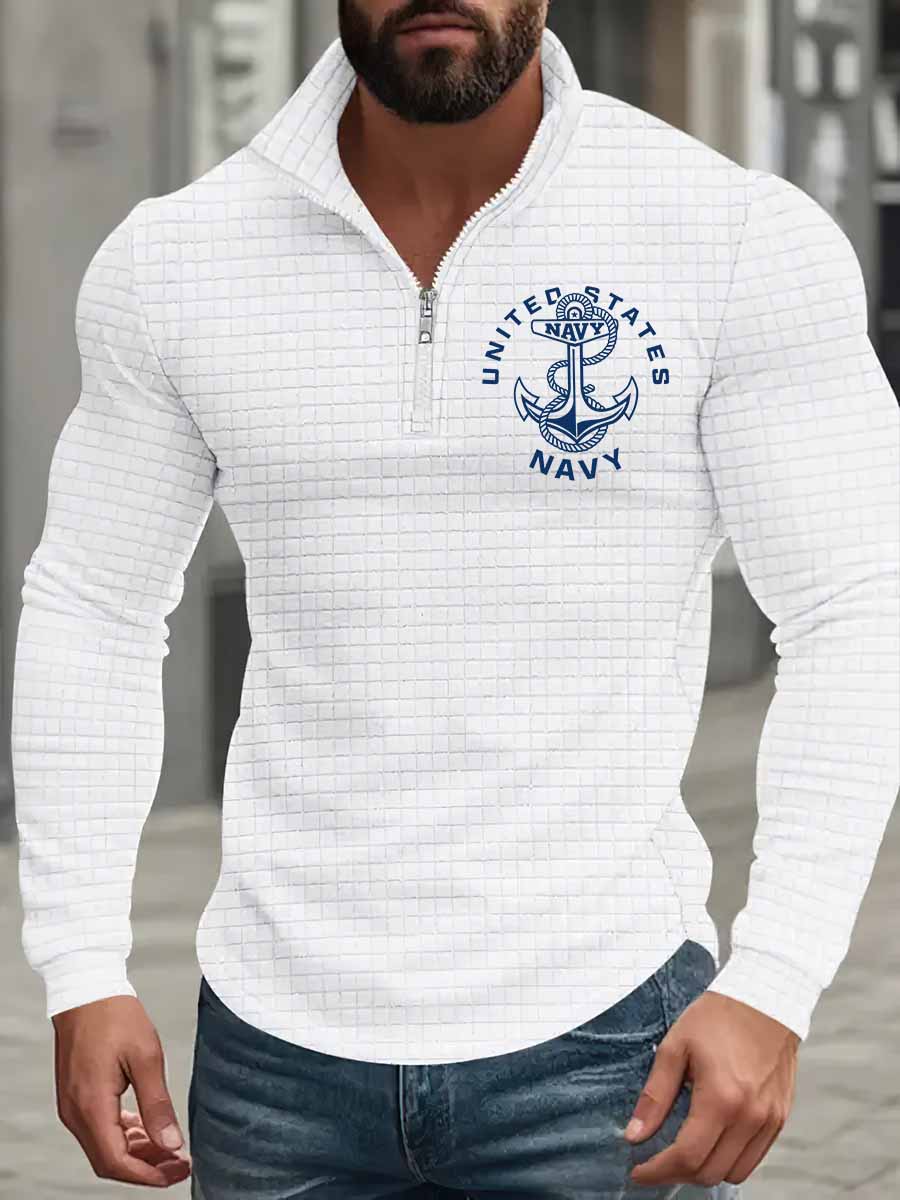 Men's US Navy Printed Half-Zip Casual Stand-Up Collar Long-Sleeved Sweatshirt