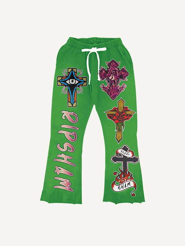 Cross&Eye&Fire&Letter Faux Decal Print Elastic Waist Pants