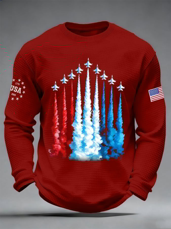 Men's America 250 – Red, White & Blue Sky Tribute Print Casual Waffle Long Sleeve T-Shirt