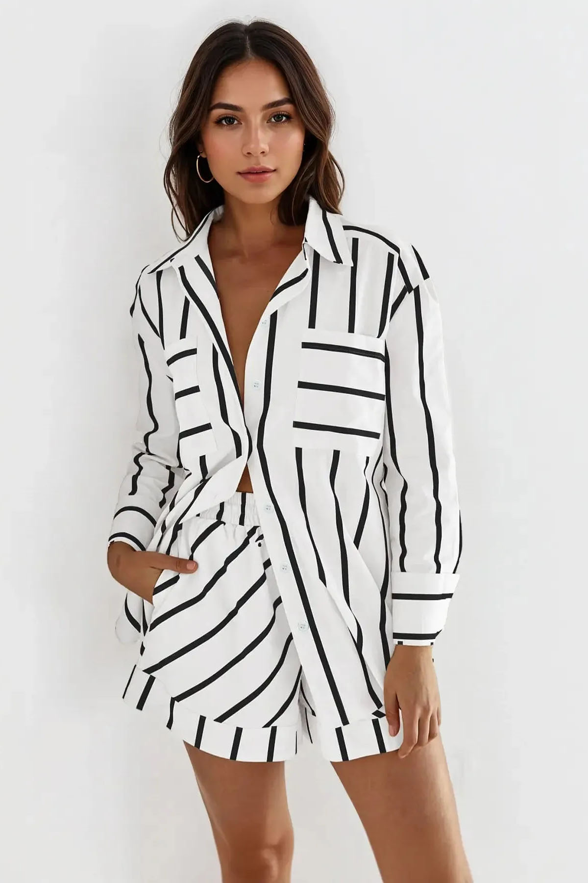 Trendy Color Matching Stripe Patch Pocket Button-Up Long Sleeve Shirt & Wide Leg Shorts Co-ord