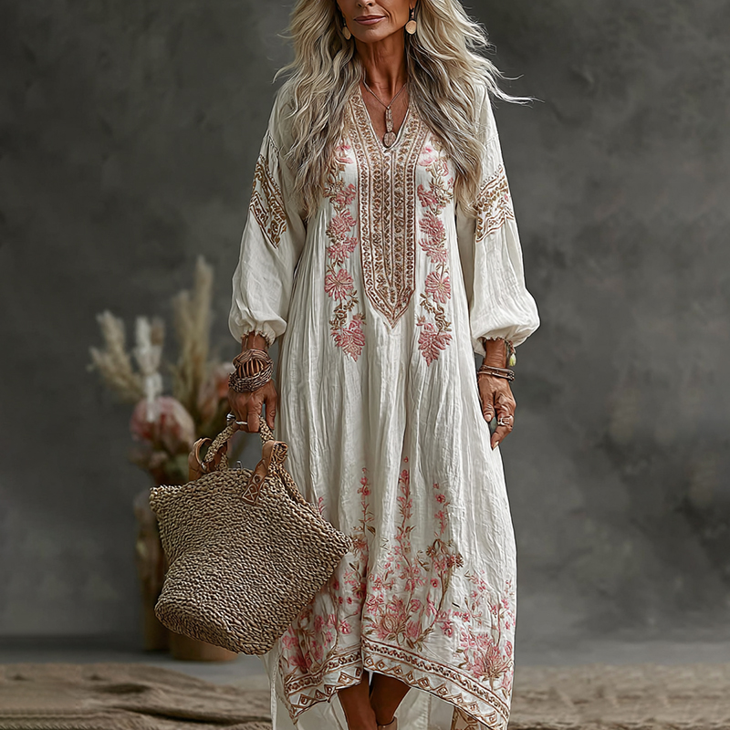 Women's Vintage Floral Art Flowy Linen Blend Casual V Neck Long Sleeve Maxi Dress