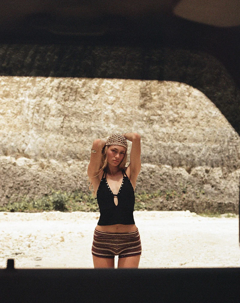 Mioto Keyhole Halterneck Top with Studs in Rayon Black