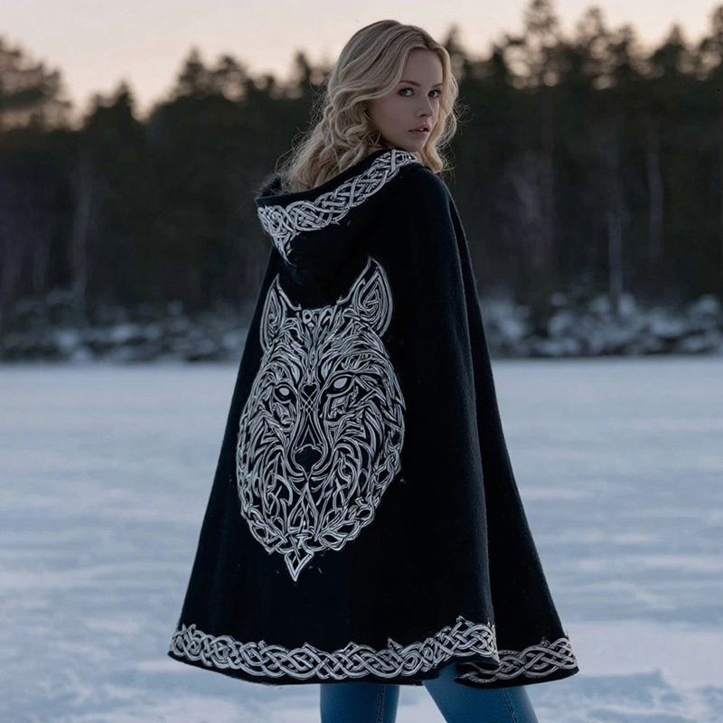Women's Viking Celtic Wolf Pattern Casual Hooded Cape
