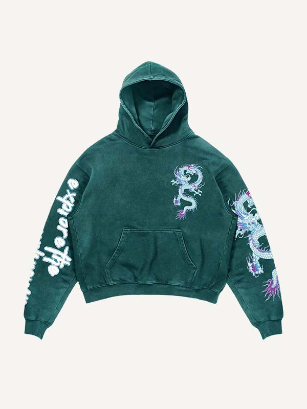 Dragon&Letter Print Slant Pockets Hoodie