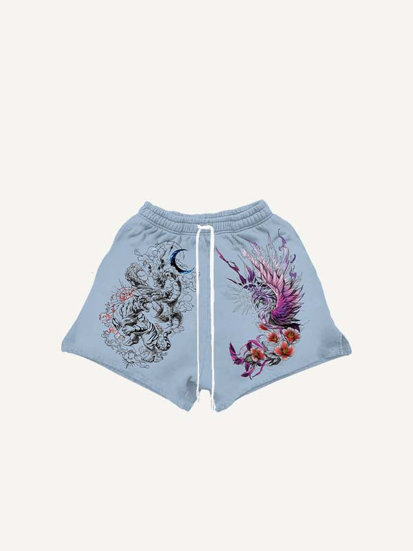 Dragon&Tiger&Phoenix&Moon&Graphic Print Drawstring Waist Shorts