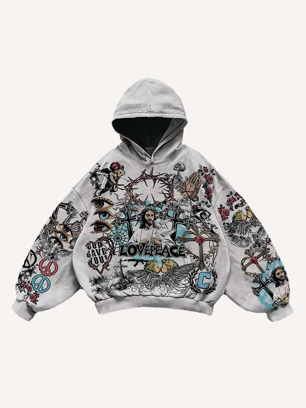Mary&Jesus&Cross&Pray&Pigeon&Eye&Graphic Print Slant Pockets Hoodie