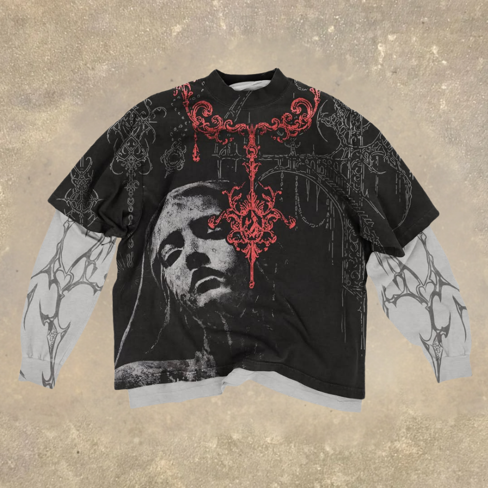 Gothic Portrait & Red Ornate Pattern Layered Long Sleeve T-shirt