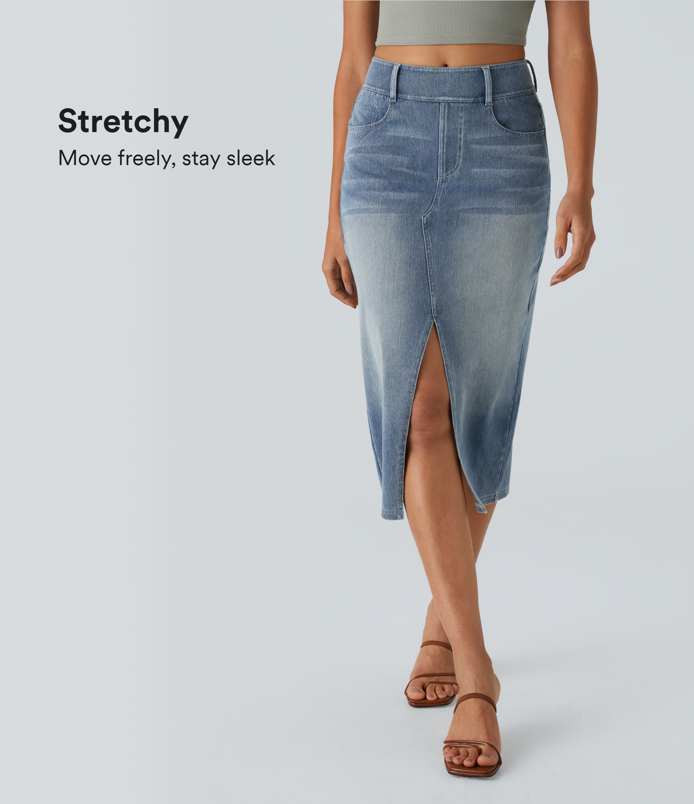 Halara Flex™ High Waisted Pockets Bodycon Washed Denim Casual Midi Skirt